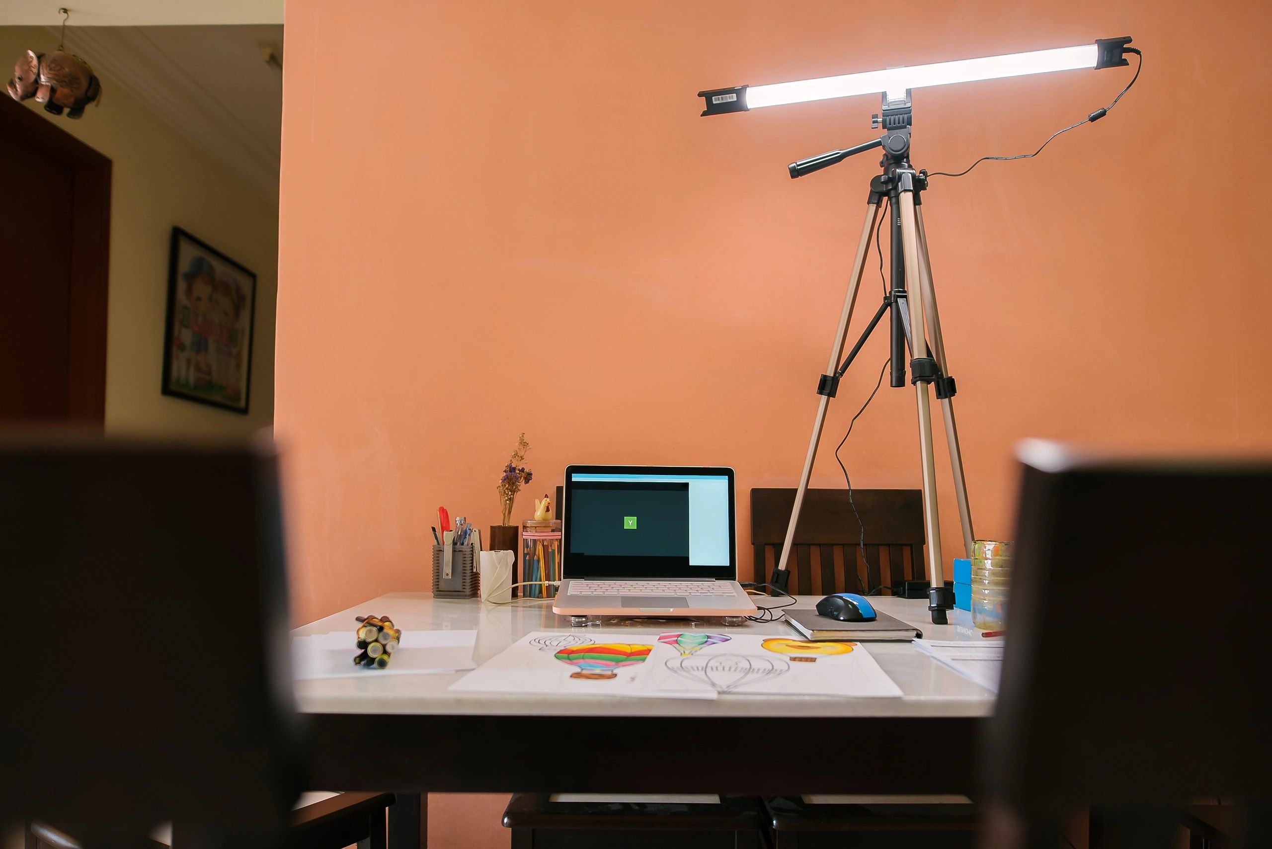 Work desk with laptop and tools
