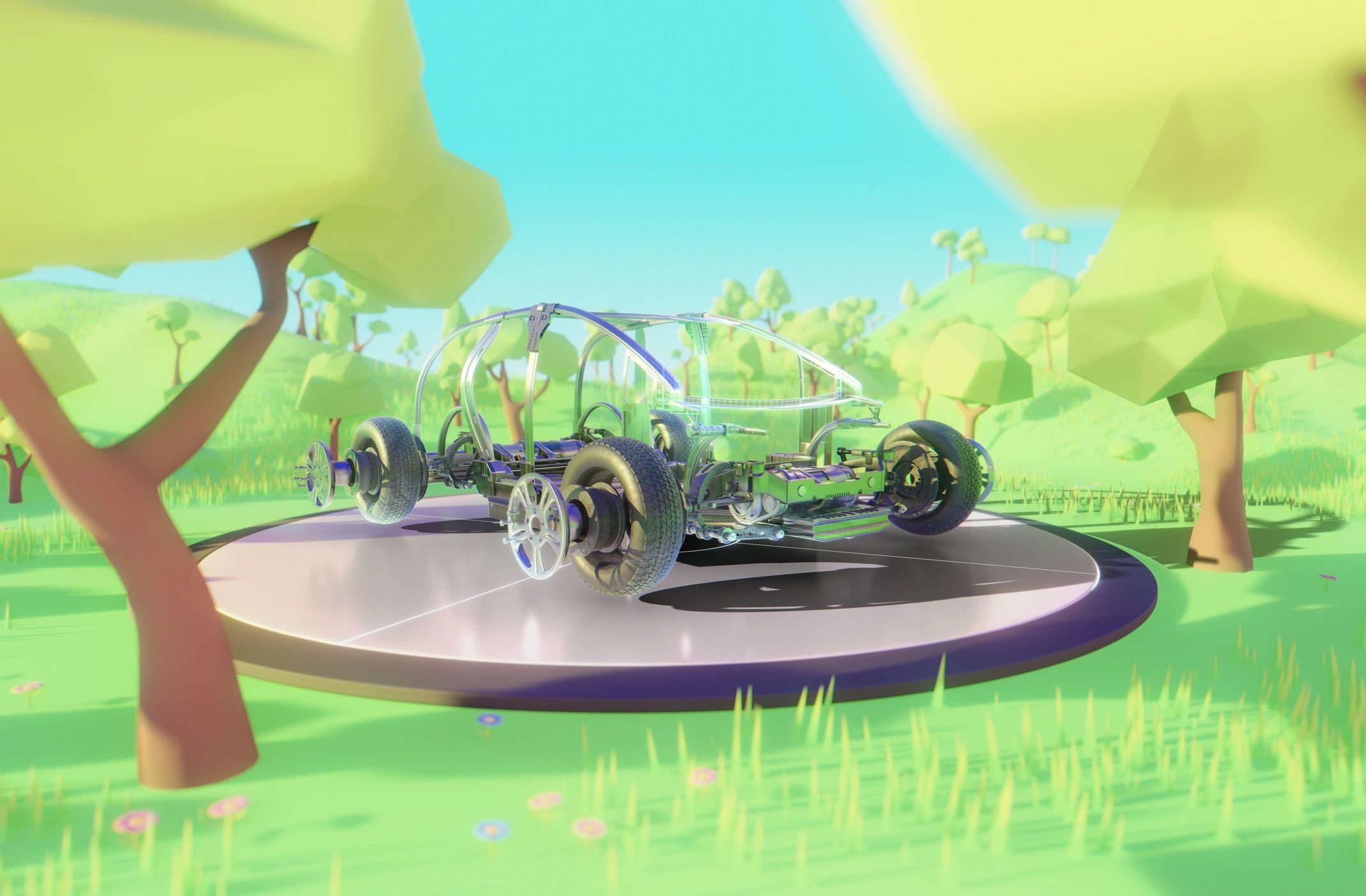 Realistic modern concept car displayed on a stage