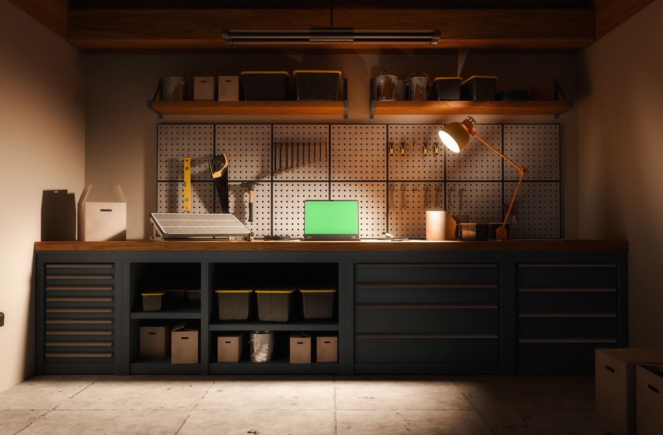 Garage workbench with a laptop workspace at night