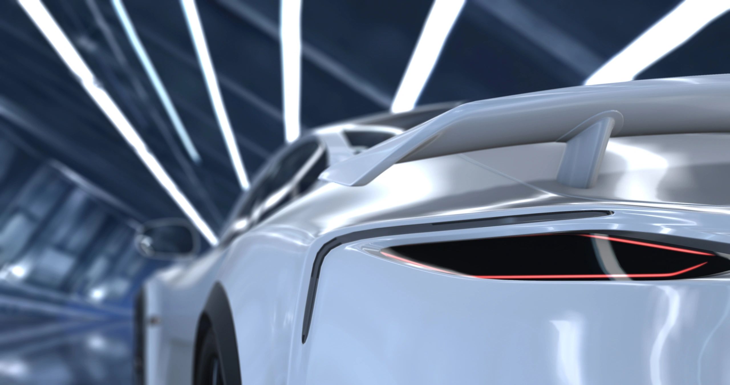 White sports car close-up in studio lighting